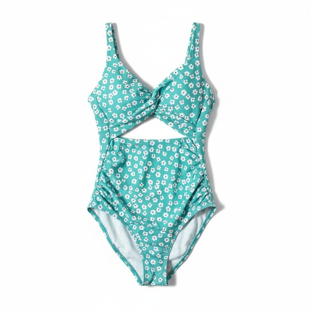 Fashion Women's Small Teal Floral Cutout One Piece Swimsuit Stretch